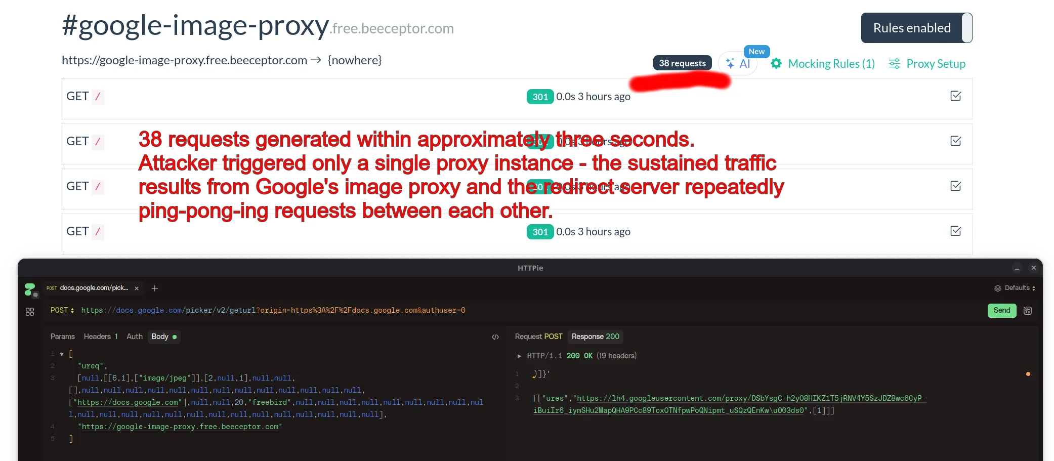 Server logs of Google Image Proxy recursively trying to fetch the provided URL